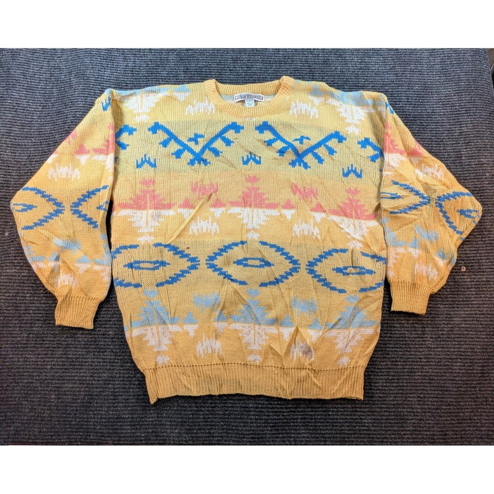 VTG Joan Harper Sweater Women Large Yellow Tight Knit Ribbed Geometric Warm Cozy